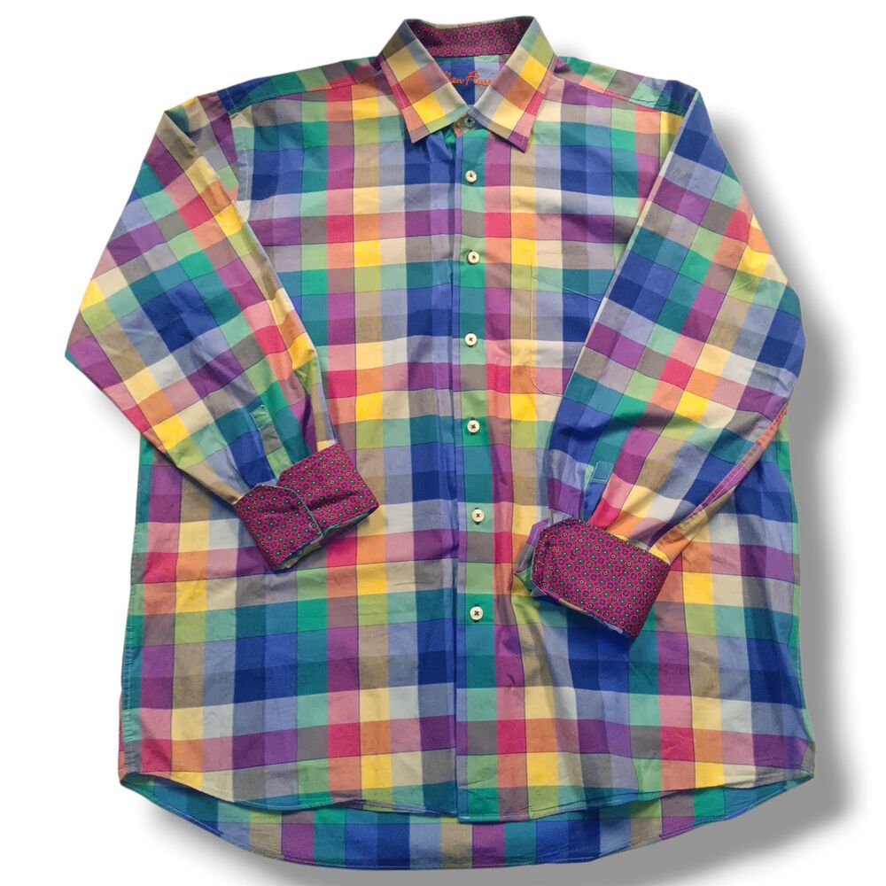 Alan Flusser Rainbow Plaid Button Down Shirt-Large-Paisley Flip Cuffs-Pocket